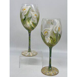 Hand-Painted Calla Lily Wine Glasses Set Of 2 Floral Design Signed Art Glass